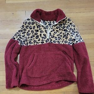 Leopard Print and Burgundy Fleece Pullover